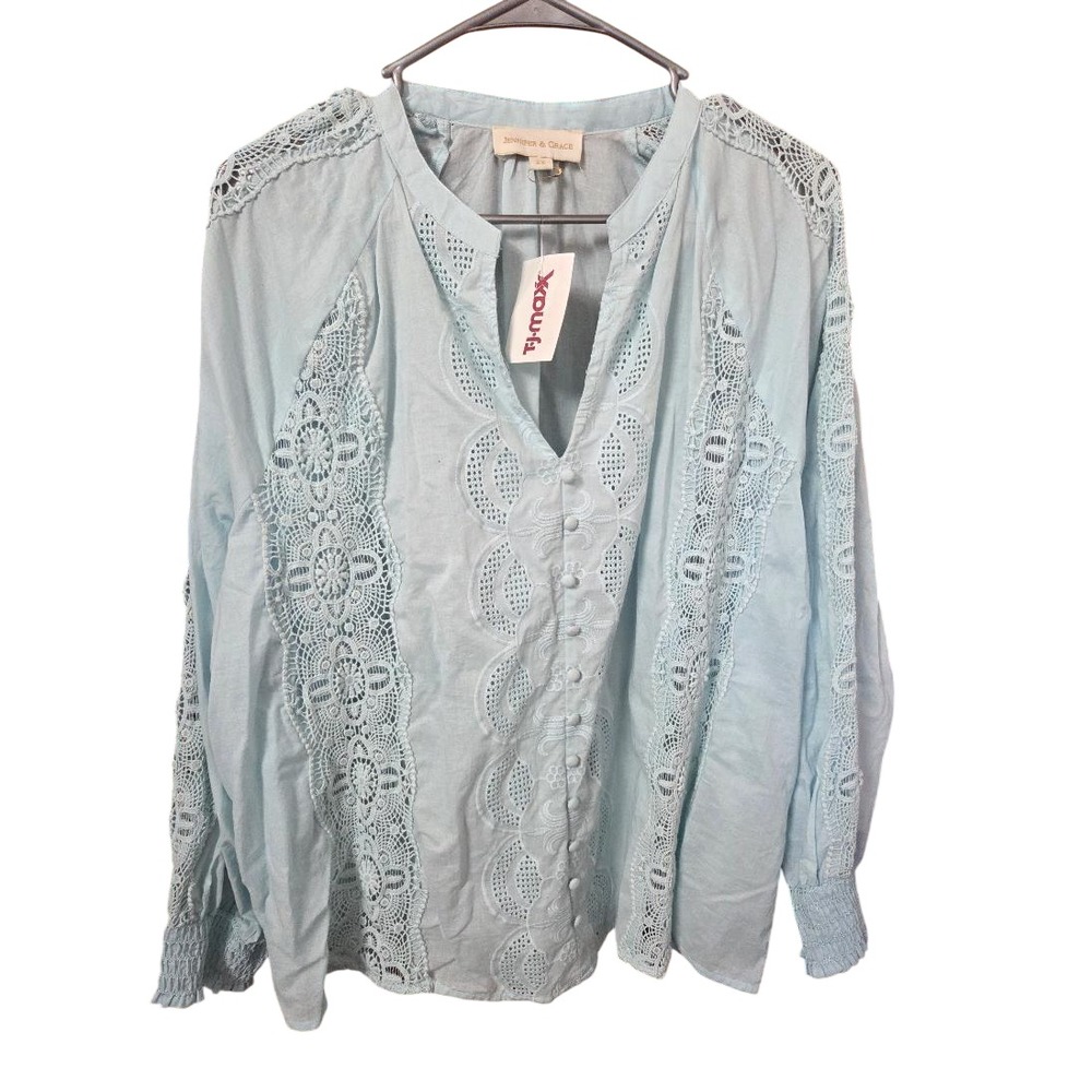 Jennifer & Grace Peasant Blouse Women Plus 2X Blue Crochet Lace Eyelet Boho